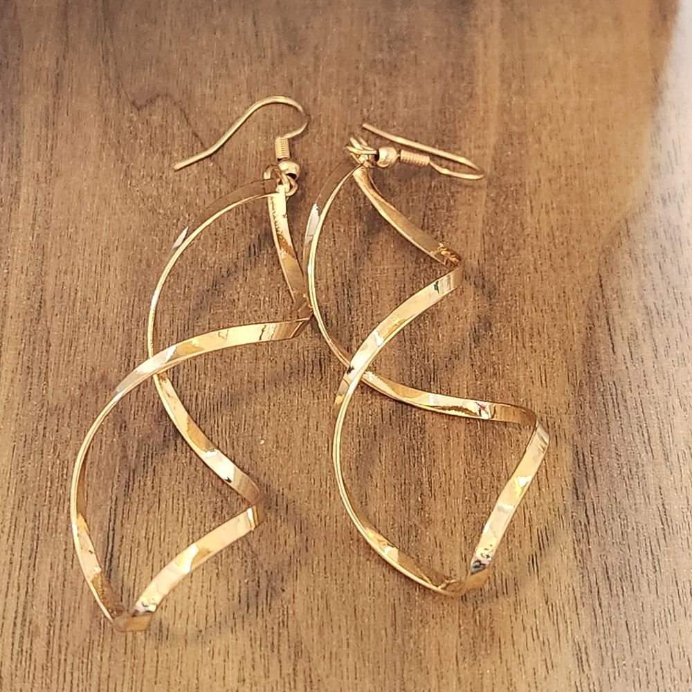 Gold Tone Double Helix Spiral Drop Earrings Twisted Ribbon Dangle 3.25"